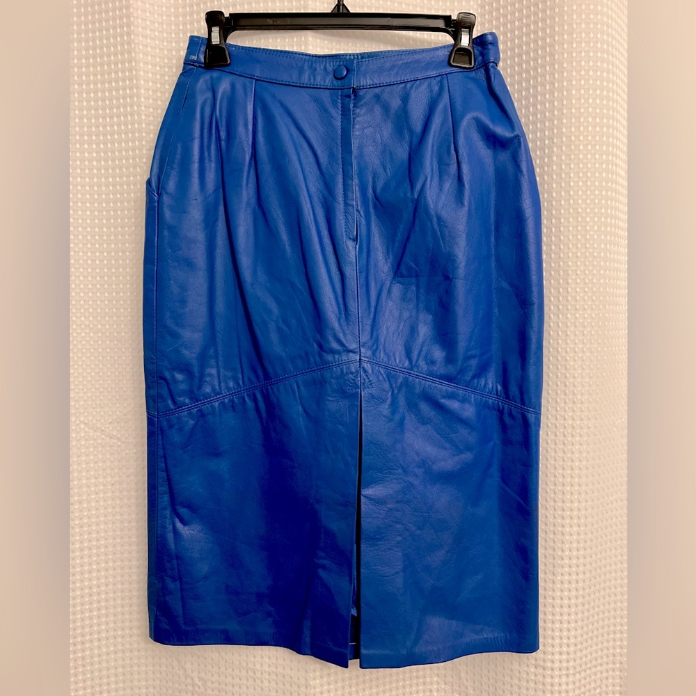 Vintage Leather Pencil Skirt, Made In Argentina, Cobalt Blue, Fully Lined